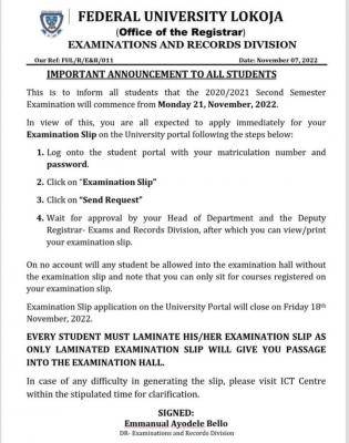 FULOKOJA notice on 2nd semester examination slip, 2020/2021