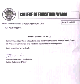 Management of College of Education, Warri suspends Covid-19 fee