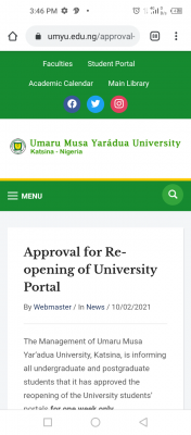 UMYU approval for re-opening of University Portal