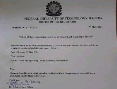 Fed University of Tech. Babura notice on orientation exercise, 2023/2024