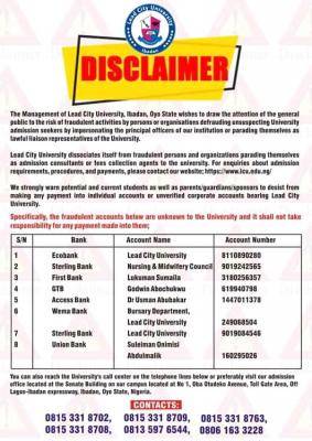 Lead City University disclaimer notice to the general public