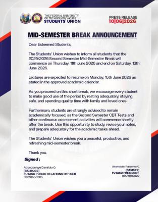 FUTA SUG notice on Mid-semester Break, 2nd Semester 2025/2026 session