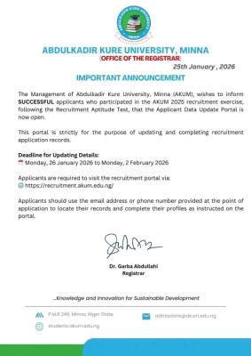 Abdulkadir Kure University notice to recruitment applicants on data update