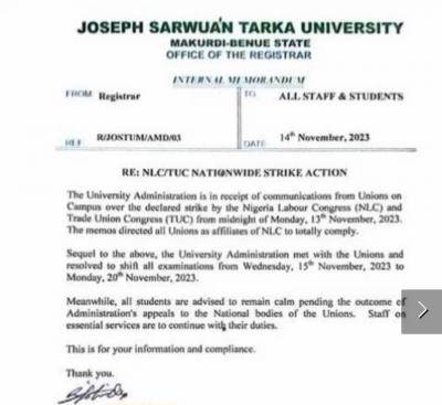 Joseph Sarwuan Tarka University notice on postponement of exam