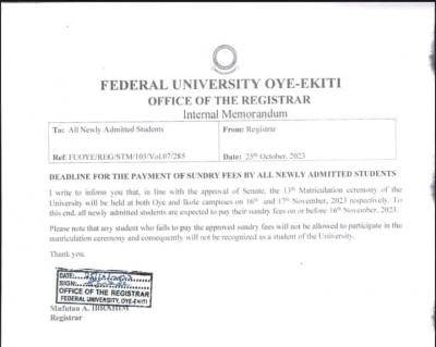 FUOYE deadline for payment of sundry fees by newly admitted students, 2023/2024