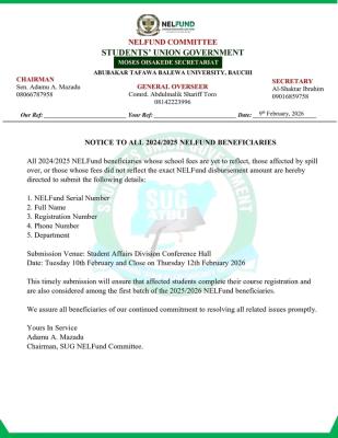 ATBU SUG notice to 2024/2025 NELFUND Beneficiaries