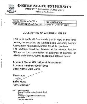 GOMSU notice to the graduands