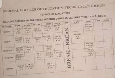 FCE(T) Potiskum 2nd semester lecture time-table, 2021/2022