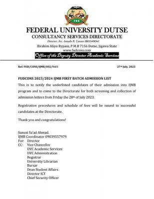 FUDutse 1st batch IJMB admission list, 2023/2024