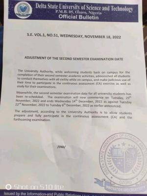 Delta State University of Science and Technology, Ozoro reschedules exam date
