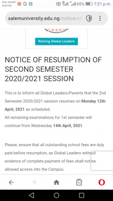 Salem University notice on 2nd semester resumption, 2020/2021 session