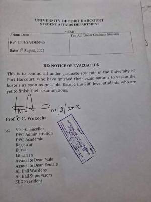 UNIPORT notice to undergraduate students on evacuation of hostel