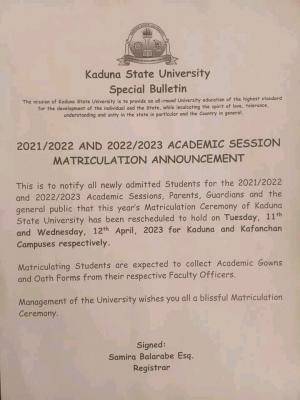 KASU reschedules matriculation ceremony, 2021/2022 & 2022/2023