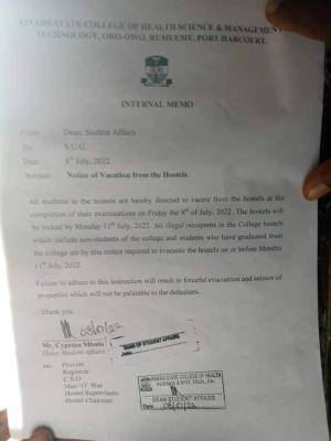 Rivers State College of health notice on vacation of hostel