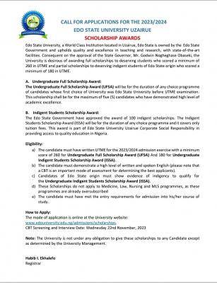 Edo State University call for applications for scholarship awards, 2023/2024