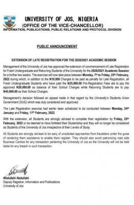 UNIJOS extends commencement of registration for 2020/2021 session