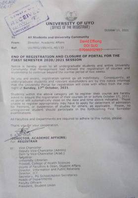 UNIUYO notice on closure of portal for 1st semester registration, 2020/2021