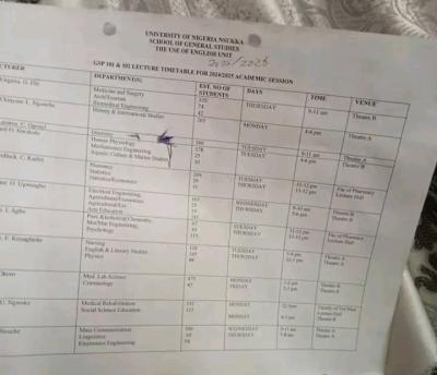 UNN GSP 101 & 102 lecture time table, 2025/2026
