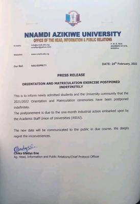 UNIZIK orientation and matriculation exercise postponed indefinitely