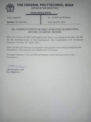 Bida Poly notice on commencement of 1st semester exam, 2021/2022