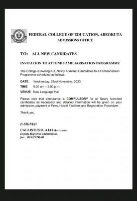 FCE Abeokuta invitation to news students to attend familiarization programme