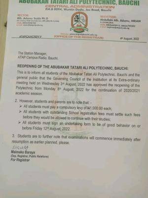 ATAP Poly notice to students on resumption of academic activities