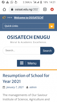 OSISATECH Enugu announces resumption of academic activities