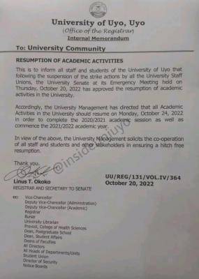 UNIUYO announces resumption of academic activities
