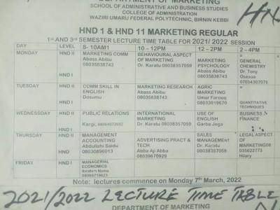 Waziri Umaru Federal Polytechnic HND Lectures Timetable for 1st semester 2021/2022