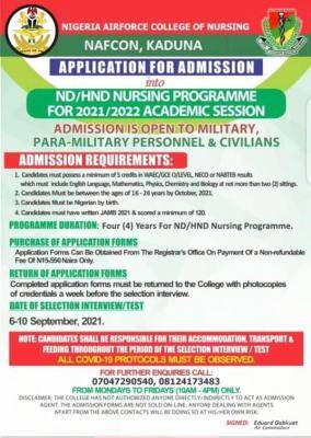 Nigerian Airforce College of Nursing ND & HND admission form, 2021/2022 session