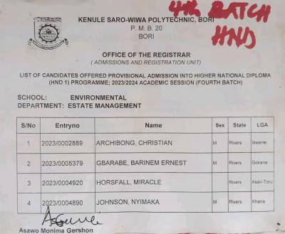 KENPOLY HND 4th Batch Admission List 2023/2024 is out