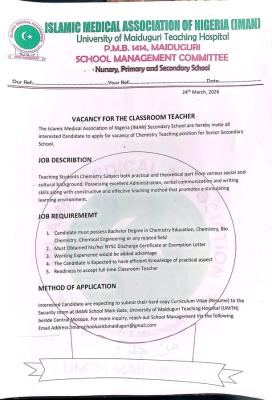 IMAN Secondary School, Maiduguri Job Opportunity for a Chemistry Teacher