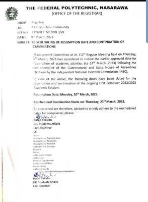 Fed Poly Nasarawa reschedules resumption date and continuation of Examinations