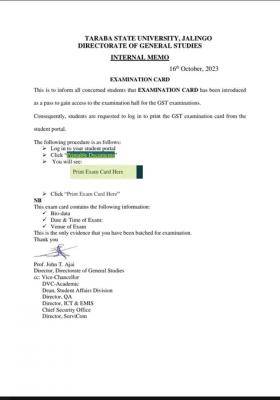 TASU notice to students on printing of examination card for GST examination