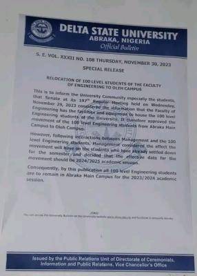 DELSU notice on relocation of 100 Level Faculty of Engineering students to Oleh Campus