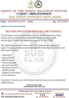 Sule Lamido University announces NELFUND Application for Level One Students
