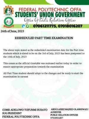 Federal Polytechnic, Offa SUG notice on rescheduled date for part-time programme examination