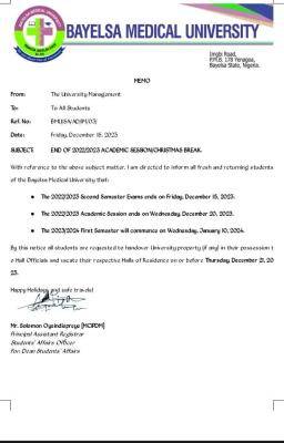 BMU notice of Christmas break and end of 2022/2023 academic session