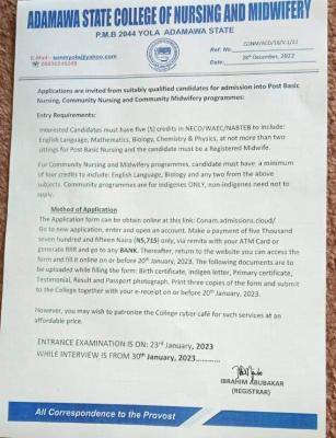 Adamawa College of Nursing and Midwifery admission form, 2022 (Stream C Edition)