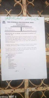 Federal Polytechnic, Bida notice on resumption of academic activities