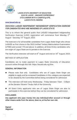 LASUED indigeneship verification exercise for Lagos State Indigenes, 2023/2024