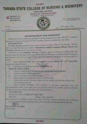 Taraba State College of Nursing and Midwifery admission, 2022/2023