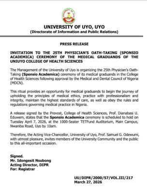 UNIUYO announces 25th Physician’s Oath-Taking Ceremony