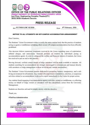 FUTMinna SUG bans students from Acting as Accommodation Agents