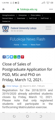 FULOKOJA notice on postgraduate application and registration deadline