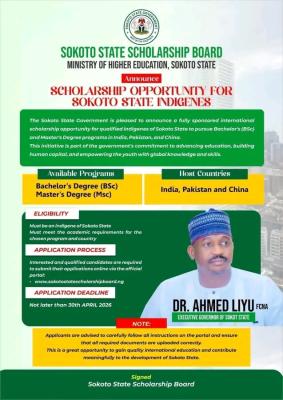 Sokoto State Government Announces Fully Sponsored International Scholarship Opportunity