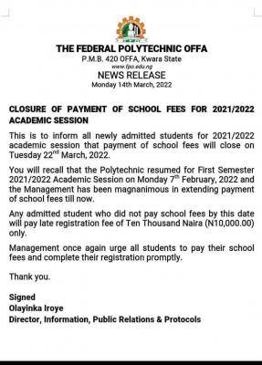 Fed Poly, Offa notice on school fees payment deadline for new students, 2021/2022