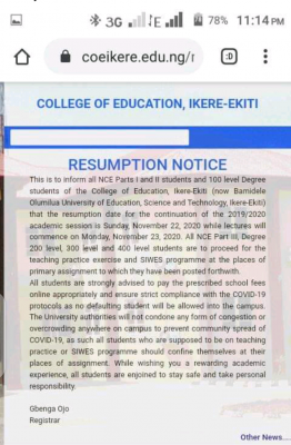 College of Education, Ikere-Ekiti resumption notice