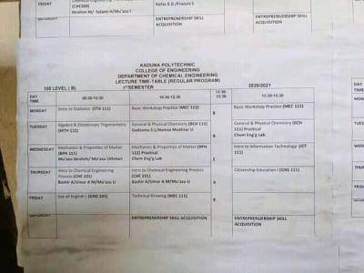 Kaduna State Polytechnic first semester lecture timetable for 2020/2021 session