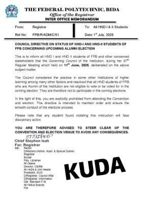 Federal Poly, Bida issues important notice to all HND I & II students